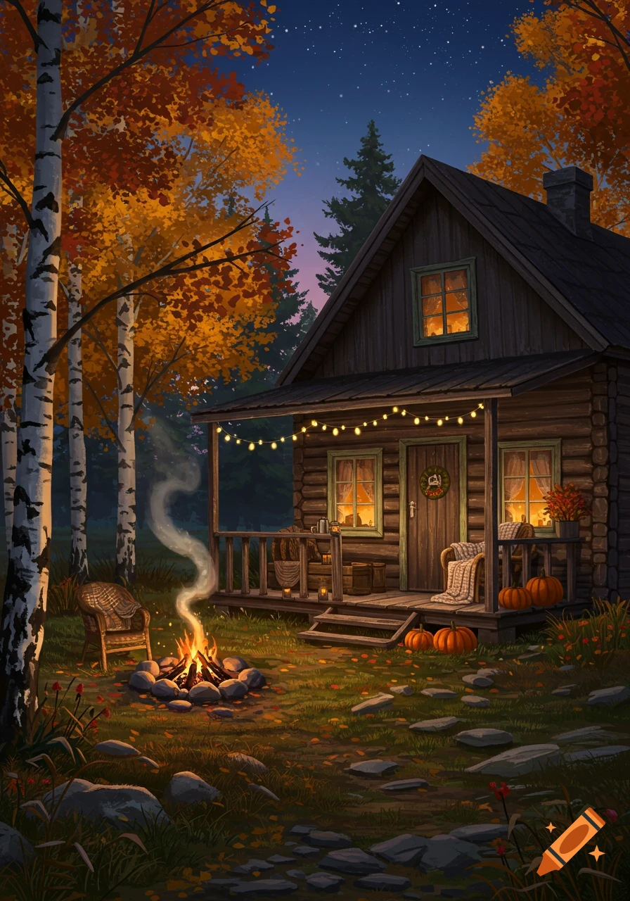 Cozy log cabin at dusk with a roaring campfire, autumn trees, string lights, and pumpkins under a starry sky.