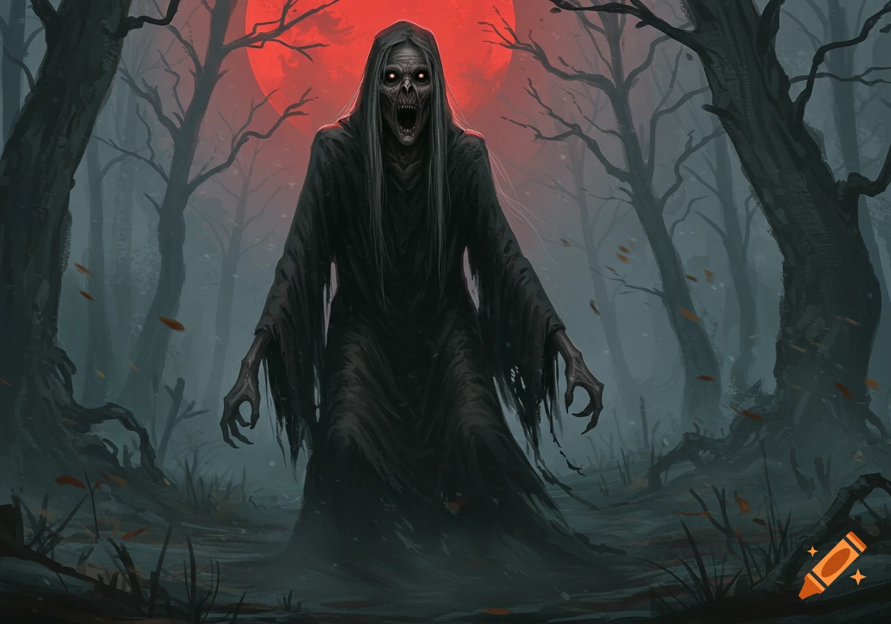 A terrifying ghoulish hag with long white hair, glowing eyes, and a gaping black mouth stands in a dark, misty forest under a blood-red moon.