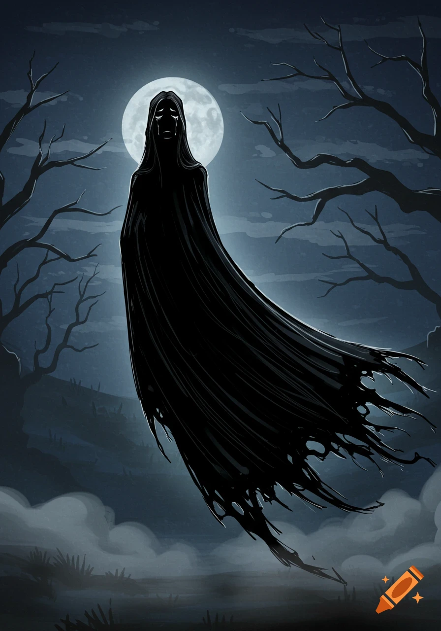A dark, cloaked ghostly figure with tears floats under a full moon in a spooky forest illustration.