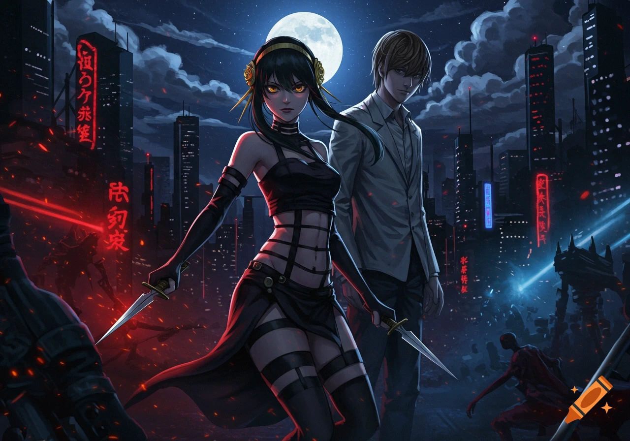 Yor from Spy x Family and Light Yagami from Death Note stand in a dark, neon-lit cyberpunk city at night under a full moon, with red and blue lighting effects and shadowy figures in the background. Yor holds daggers.