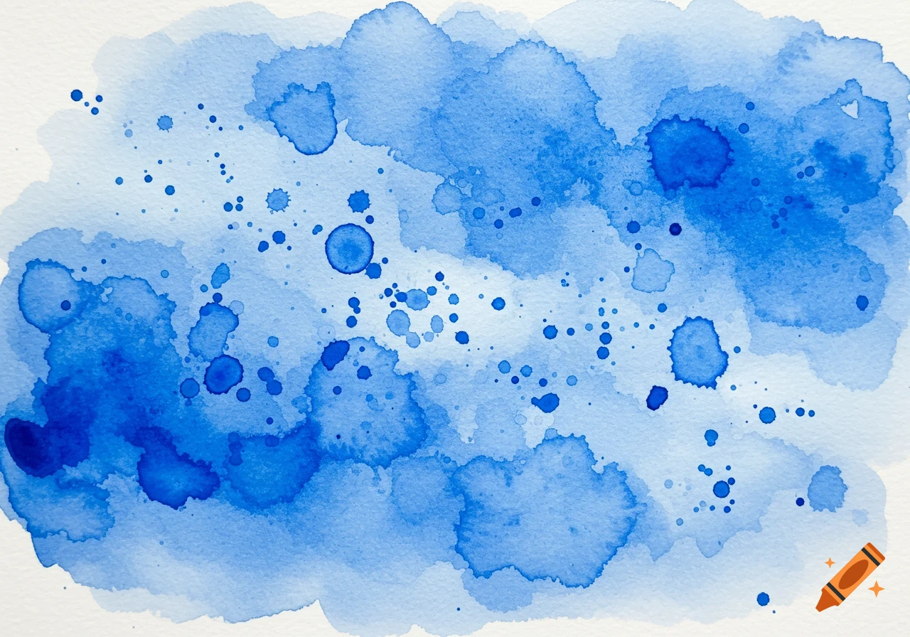 Blue watercolor splashes and droplets on a white background, with varying shades of blue.