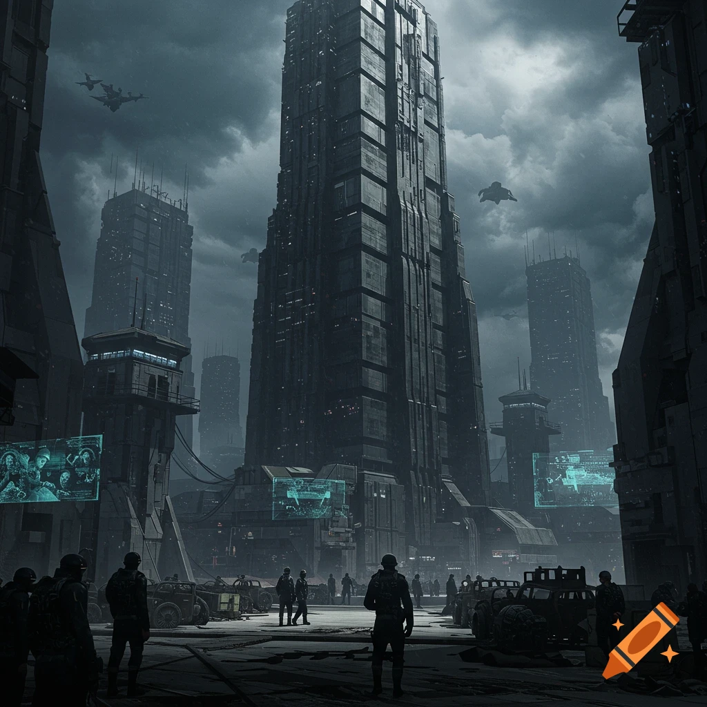 Dystopian city with towering dark skyscrapers, flying vehicles, and soldiers on the ground under a cloudy sky.