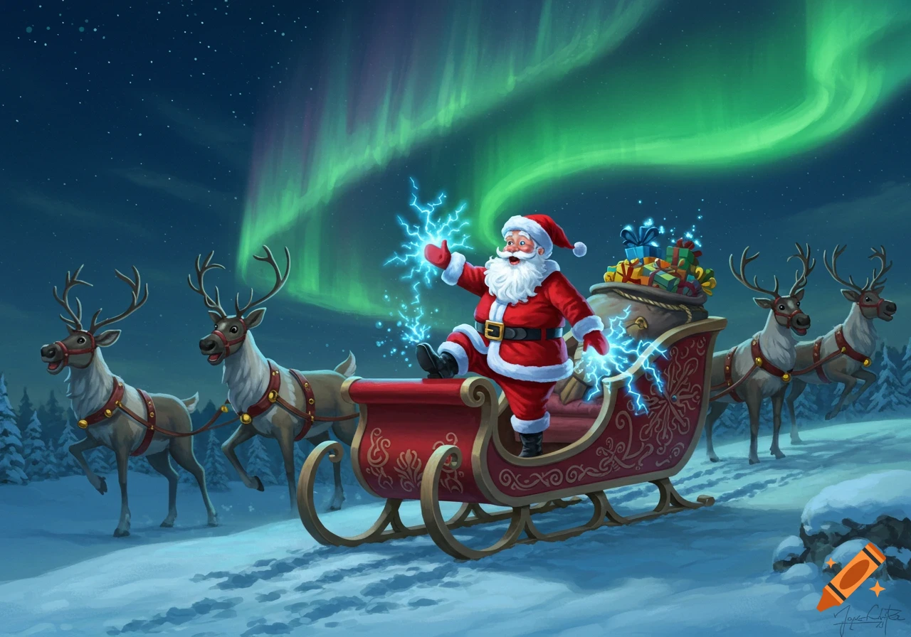 Illustration of Santa Claus in his sleigh getting an electrical shock, hitched to reindeer in a snowy night with Northern Lights.