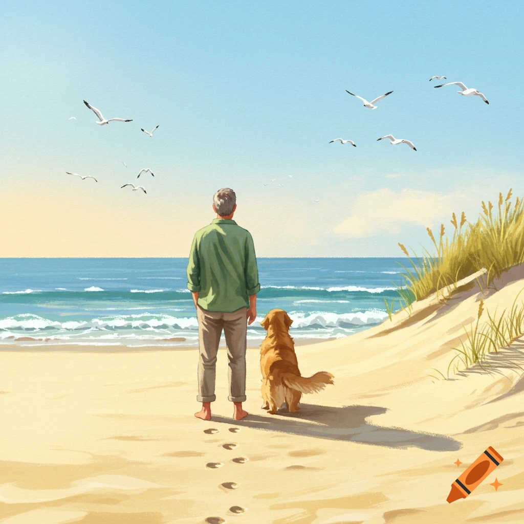 An illustrative image of a man and his golden retriever dog standing on a sandy beach, looking out at the ocean with seagulls flying in the sky.
