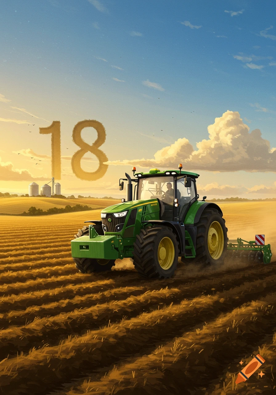 A green John Deere tractor plows a golden field under a blue sky with the number '18' formed by clouds.