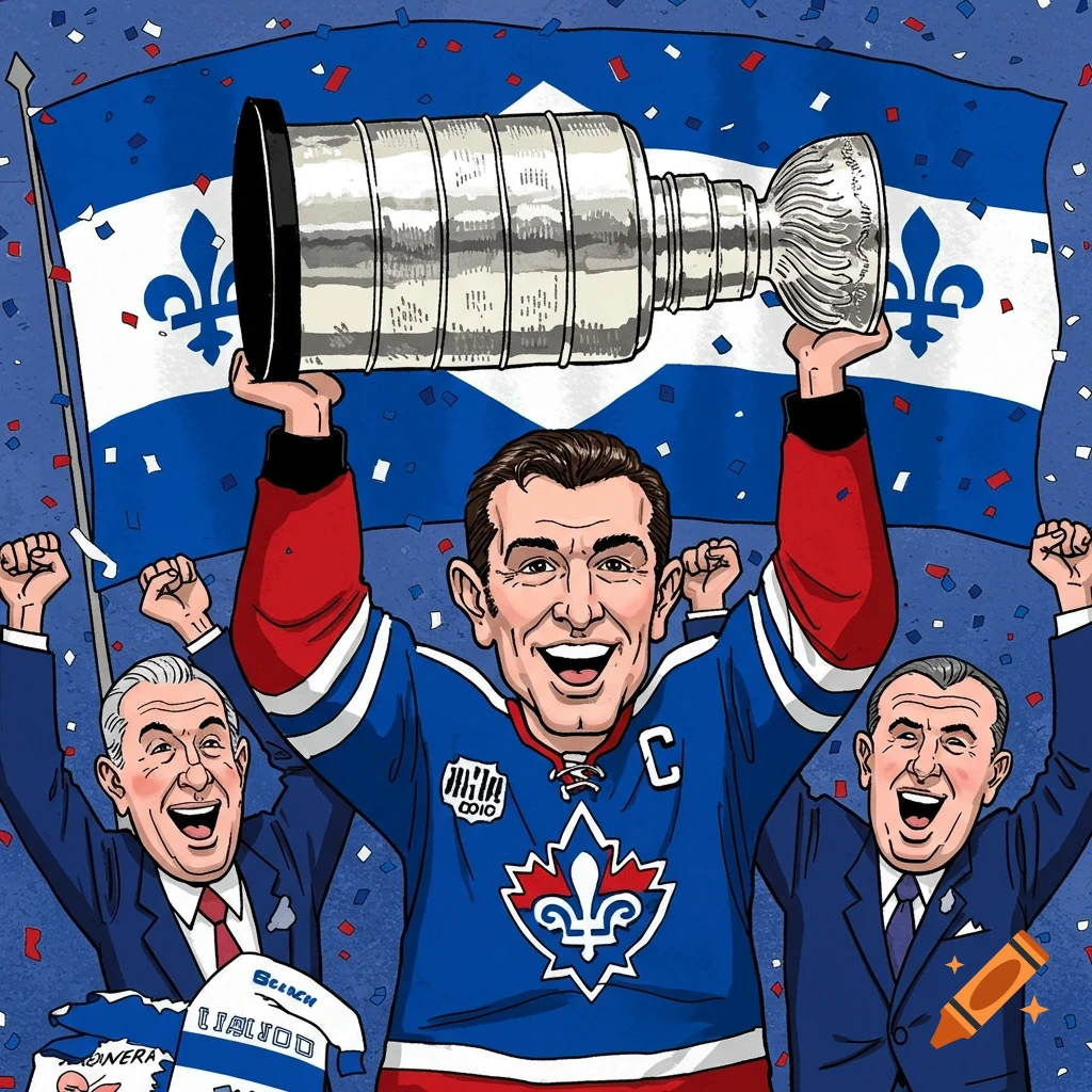 Colorful caricature of Maurice Richard in a hockey jersey lifting the Stanley Cup, flanked by two cheering men in suits, with a Quebec flag in the background.
