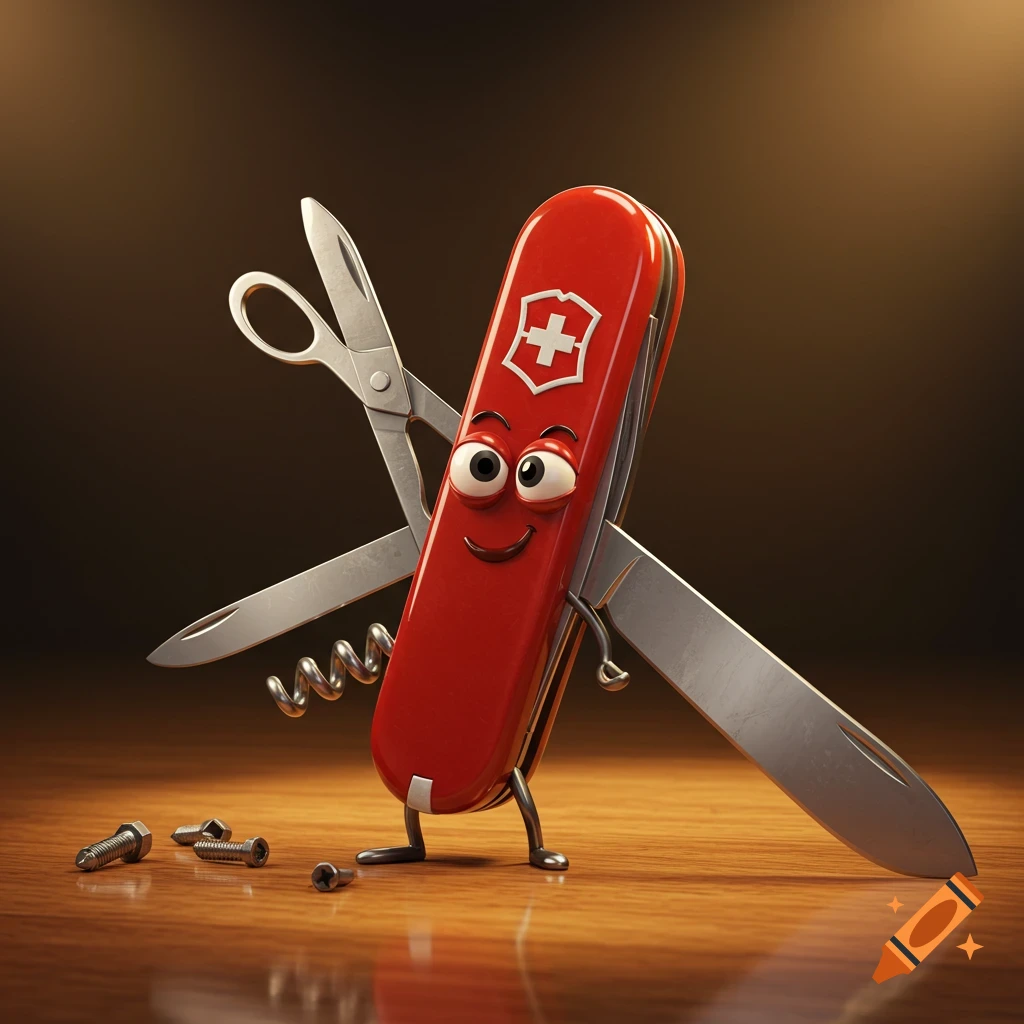 A cheerful, cartoonish red Swiss army knife with eyes and a smile stands on a wooden table, its tools opened, next to scattered screws.