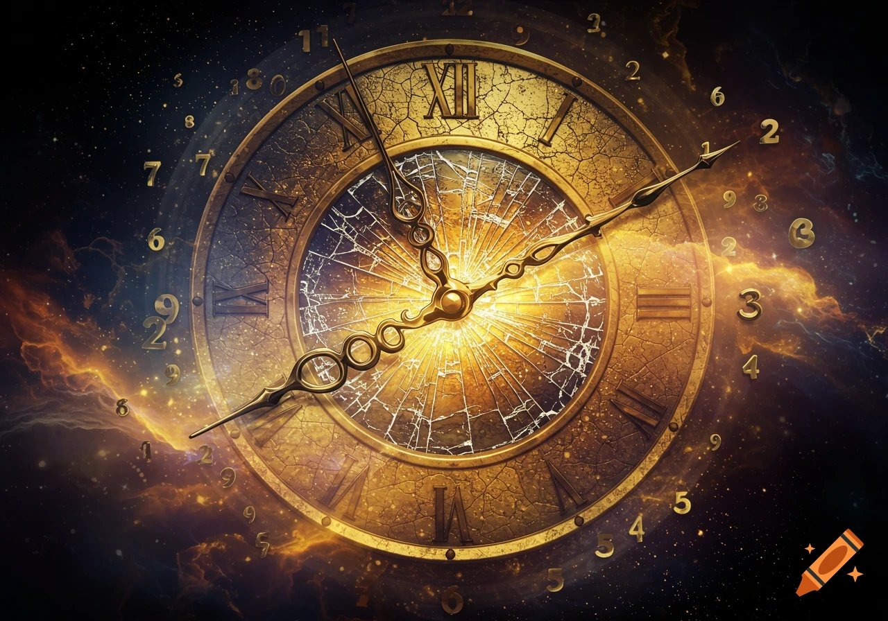 An abstract golden clock face with cracking glass, set against a dark, star-filled cosmic background with swirling nebulae.