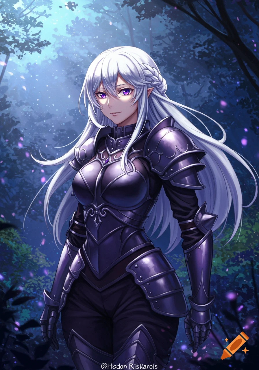 Anime-style female elf warrior with long white hair and purple eyes, wearing dark fantasy armor in an enchanted forest.
