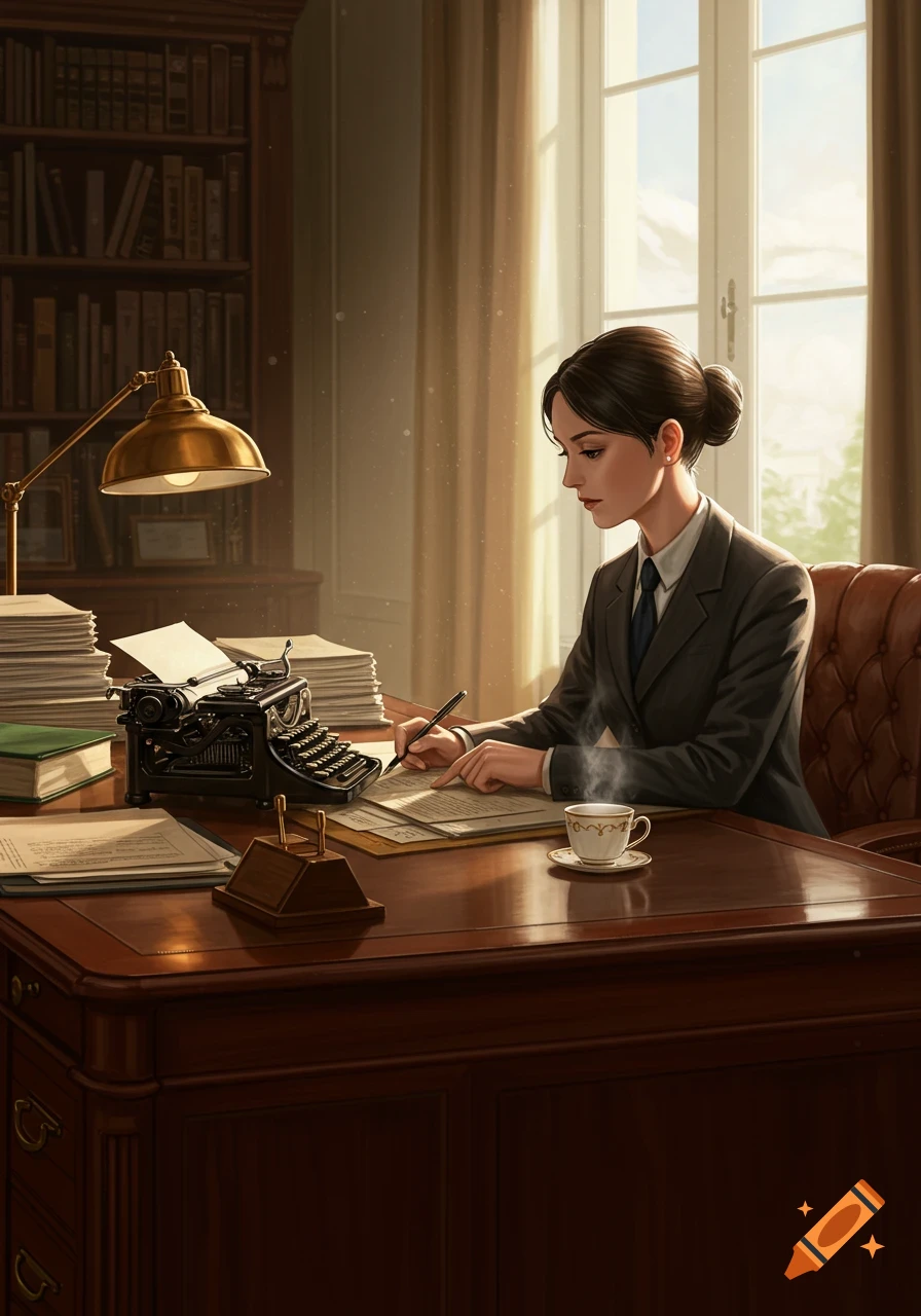 A professional woman, a secretary, sits at a large wooden desk, writing on papers beside a vintage typewriter in a sunlit office.