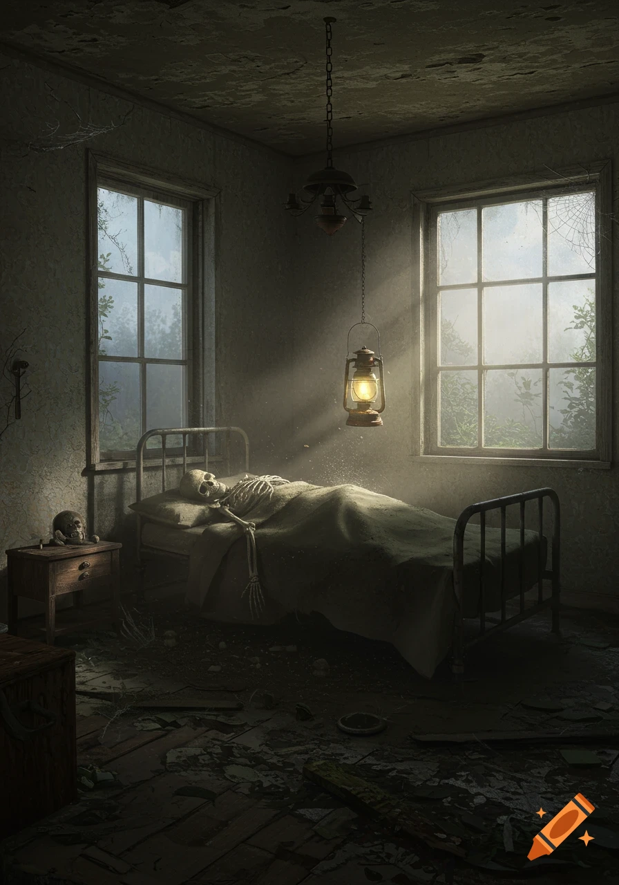 A macabre scene of a skeleton lying on a bed in a dark, abandoned room, with light rays illuminating dust near a window.