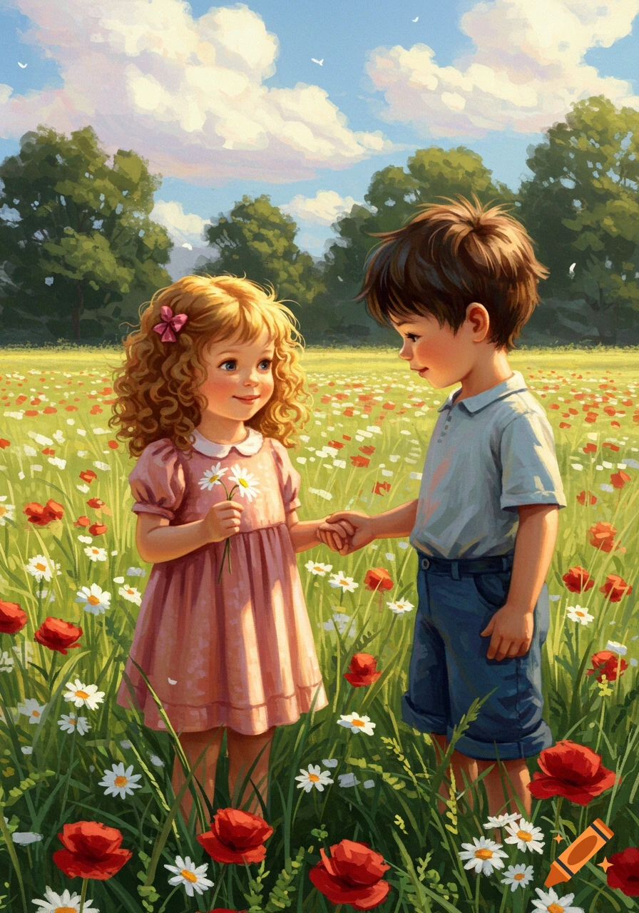 Two young children, a boy and a girl, holding hands in a sunny field of red poppies and white daisies. Illustrated style.