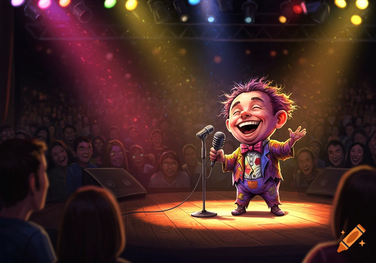 A silly, cartoonish character with spiky purple hair and a colorful patched suit performs stand-up comedy on a brightly lit stage to a laughing audience.