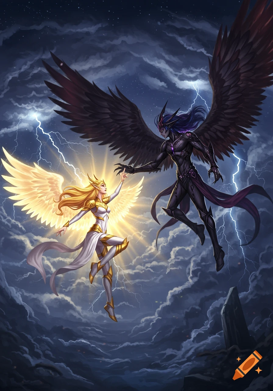 A golden-winged angelic warrior faces off against a dark-winged demon in a stormy night sky.
