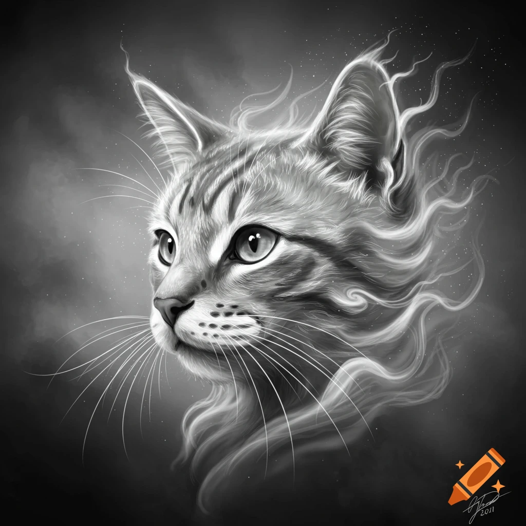 Black and white ethereal painting of a cat's head with smoke-like fur details.