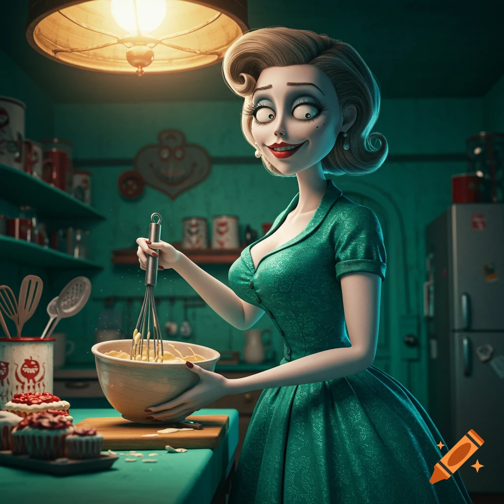 A stylized, Tim Burton-esque woman in a 1950s green dress mixes batter in a turquoise kitchen with a mischievous smile.