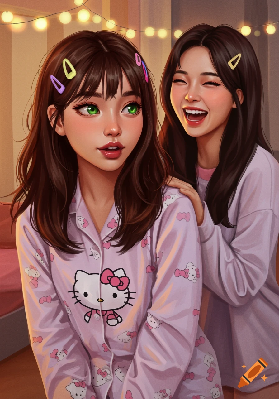 Digital art of two young women in pajamas, one smiling and wearing Hello Kitty PJs, the other with green eyes looking away.