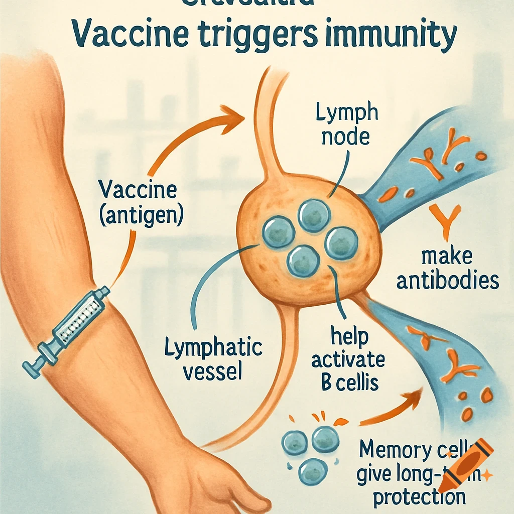 A detailed scientific diagram illustrating how a vaccine triggers immunity, showing an arm receiving a vaccine, a lymphatic vessel, a lymph node with B and T cells, and the production of antibodies and memory cells.