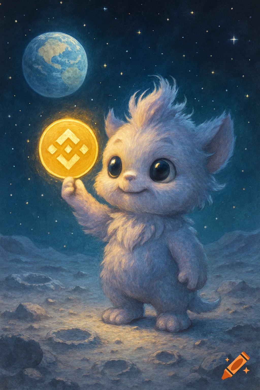 A cute fluffy creature on the moon holds a glowing golden Binance coin, with Earth and stars in the background. Illustration.