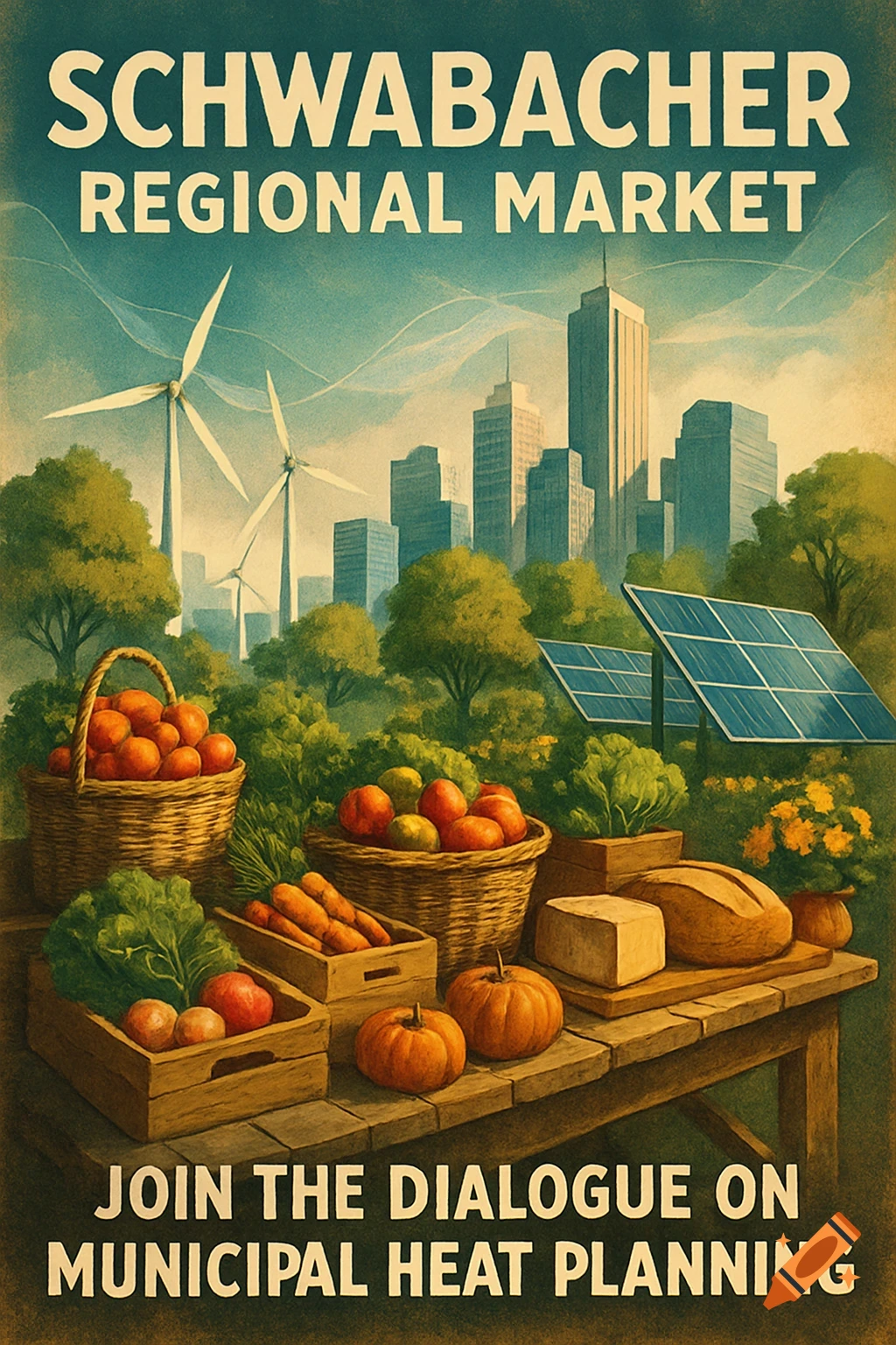 A vintage-style poster for Schwabacher Regional Market, featuring a table with produce like pumpkins, carrots, and lettuce. In the background are wind turbines, solar panels, and a city skyline.