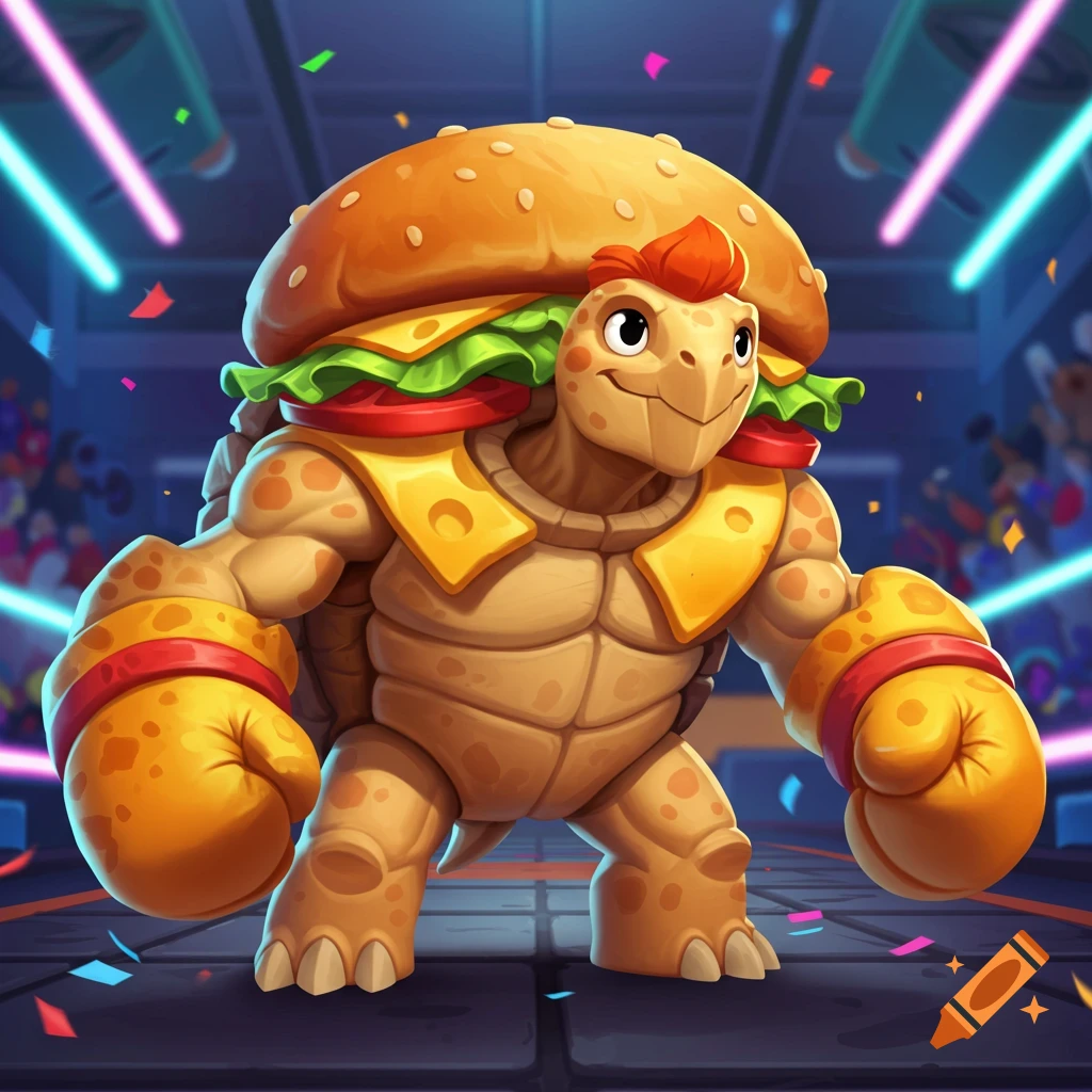 Muscular, cartoon turtle character with a cheeseburger shell and cheese armor, wearing red boxing gloves in an arena.
