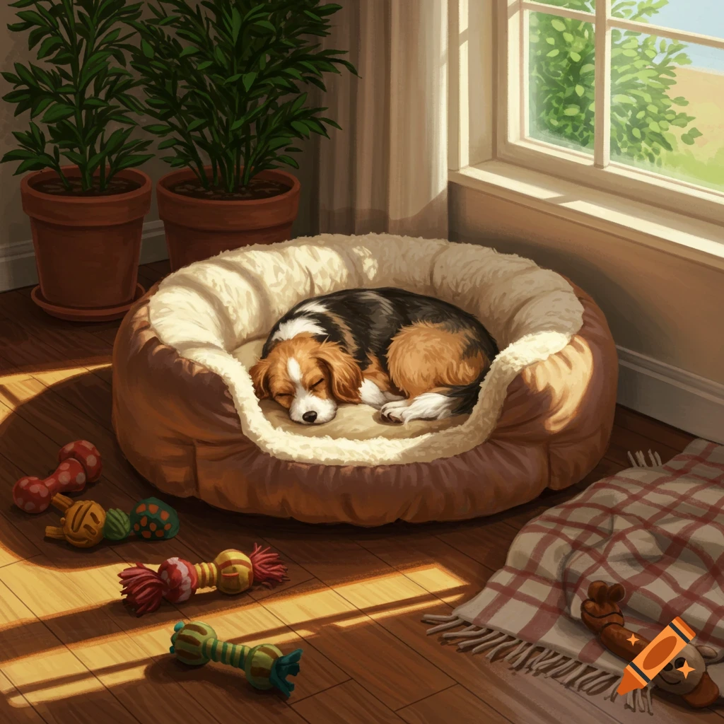 An illustrated sleeping dog in a cozy bed on a sunlit wooden floor, surrounded by toys and houseplants.