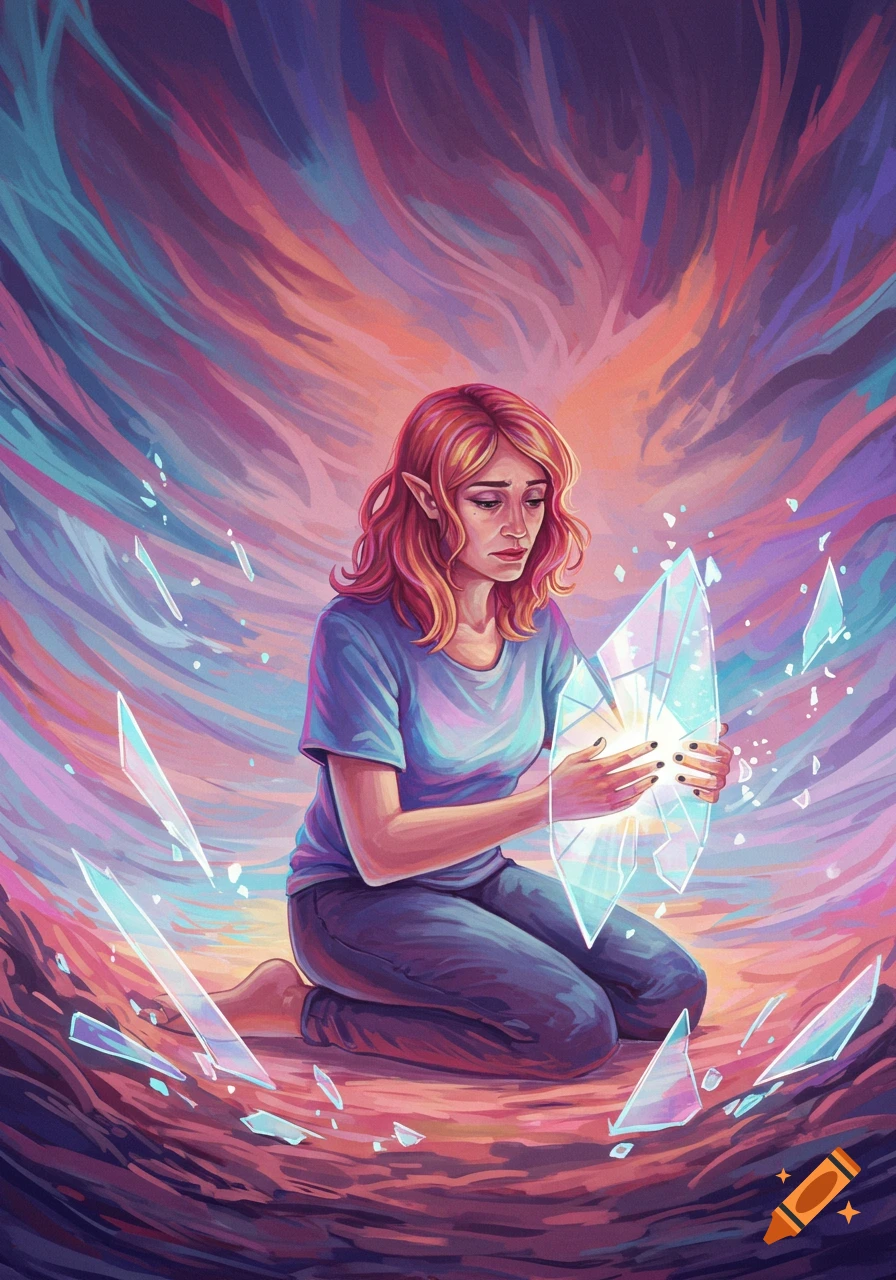 A sad elf-like woman kneels, holding glowing broken crystals, against a vibrant, swirling abstract background in a digital painting.