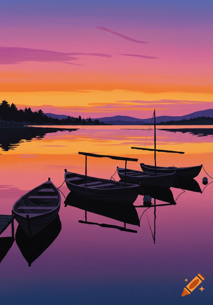 Minimalist painting of boats on a calm lake at a vibrant orange and purple sunset, with distant mountains and trees.