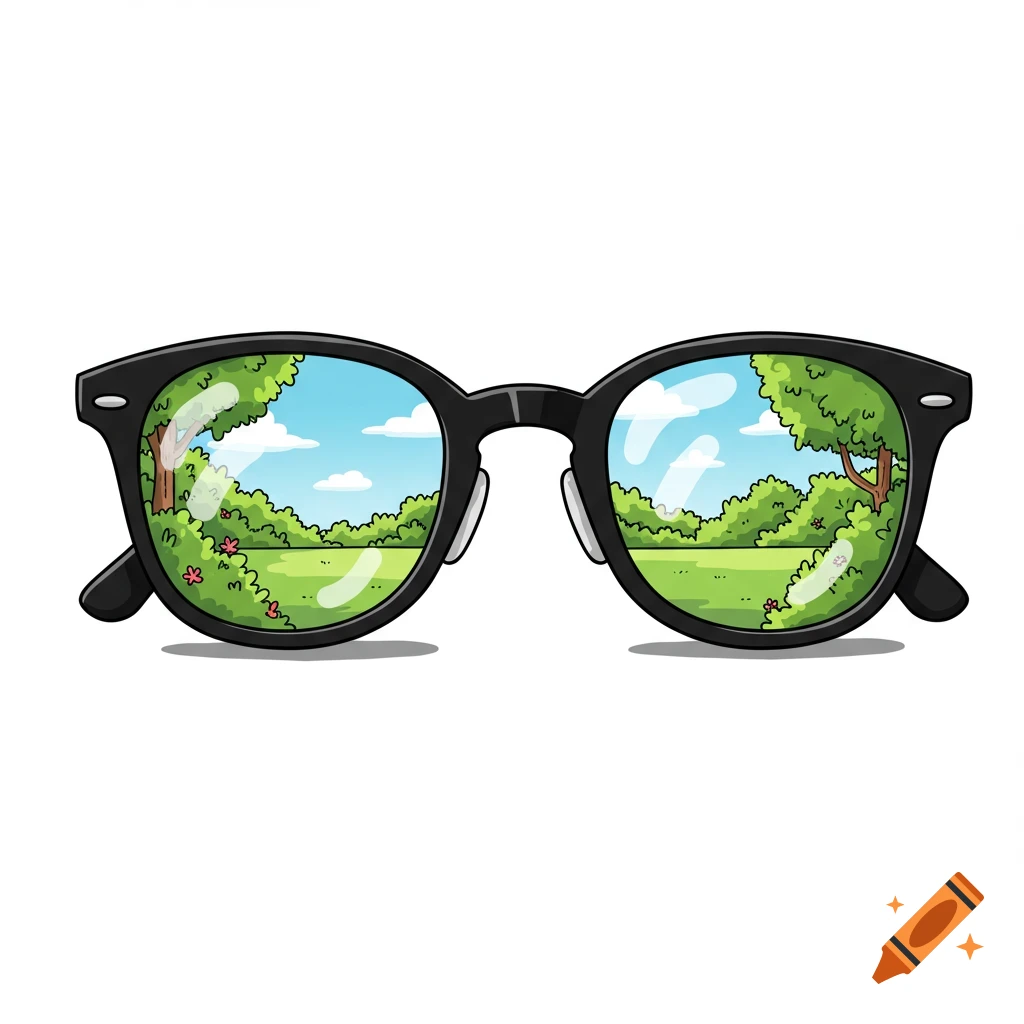 A colorful cartoon illustration of black-rimmed glasses reflecting a vibrant, sunny landscape with green hills, trees, and blue sky.