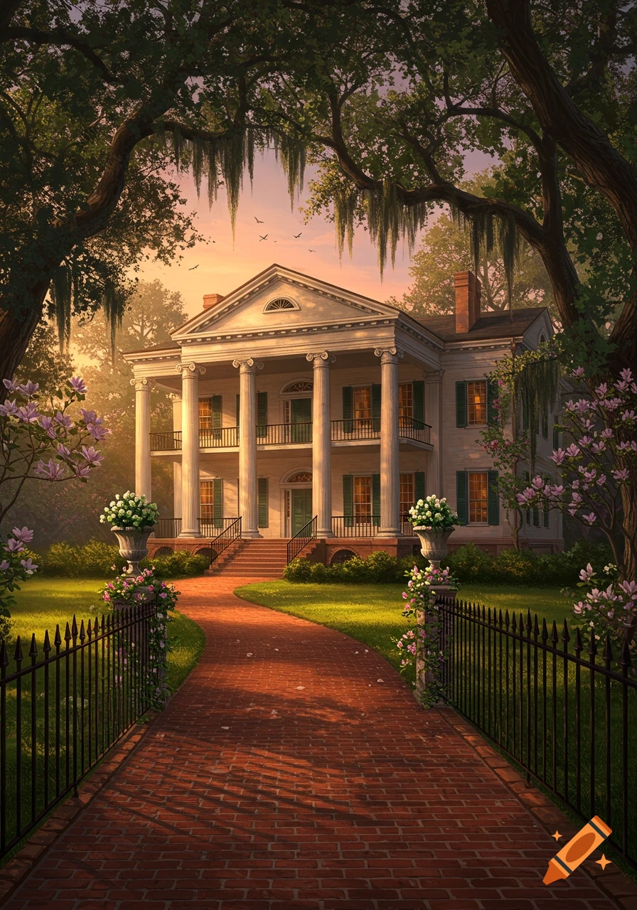 A grand white plantation house with columns and balconies, a brick path, and blooming trees under a warm sky.