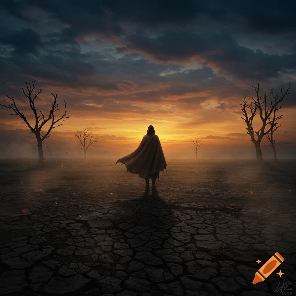 A cloaked figure stands on cracked earth under a dramatic sunset sky with barren trees.