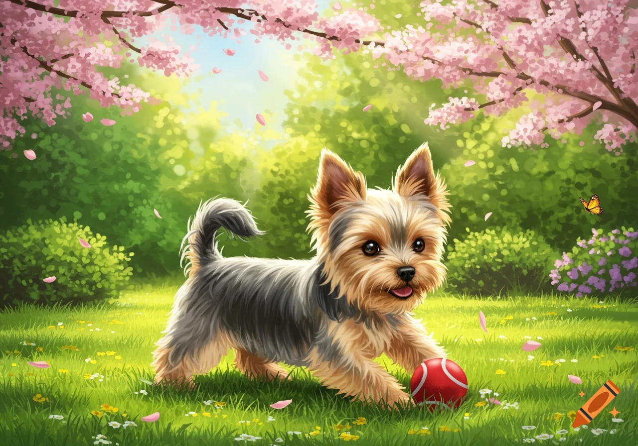 A cute cartoon Yorkie dog plays with a red ball in a sunny, grassy field under pink cherry blossoms.