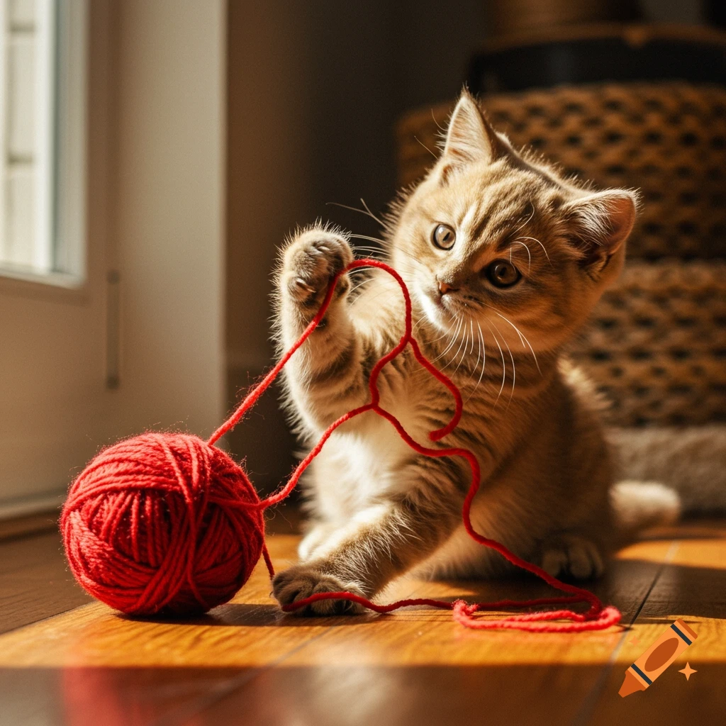 Photorealistic young cat with tabby markings plays with a bright red ball of yarn on a wooden floor, bathed in warm sunlight.