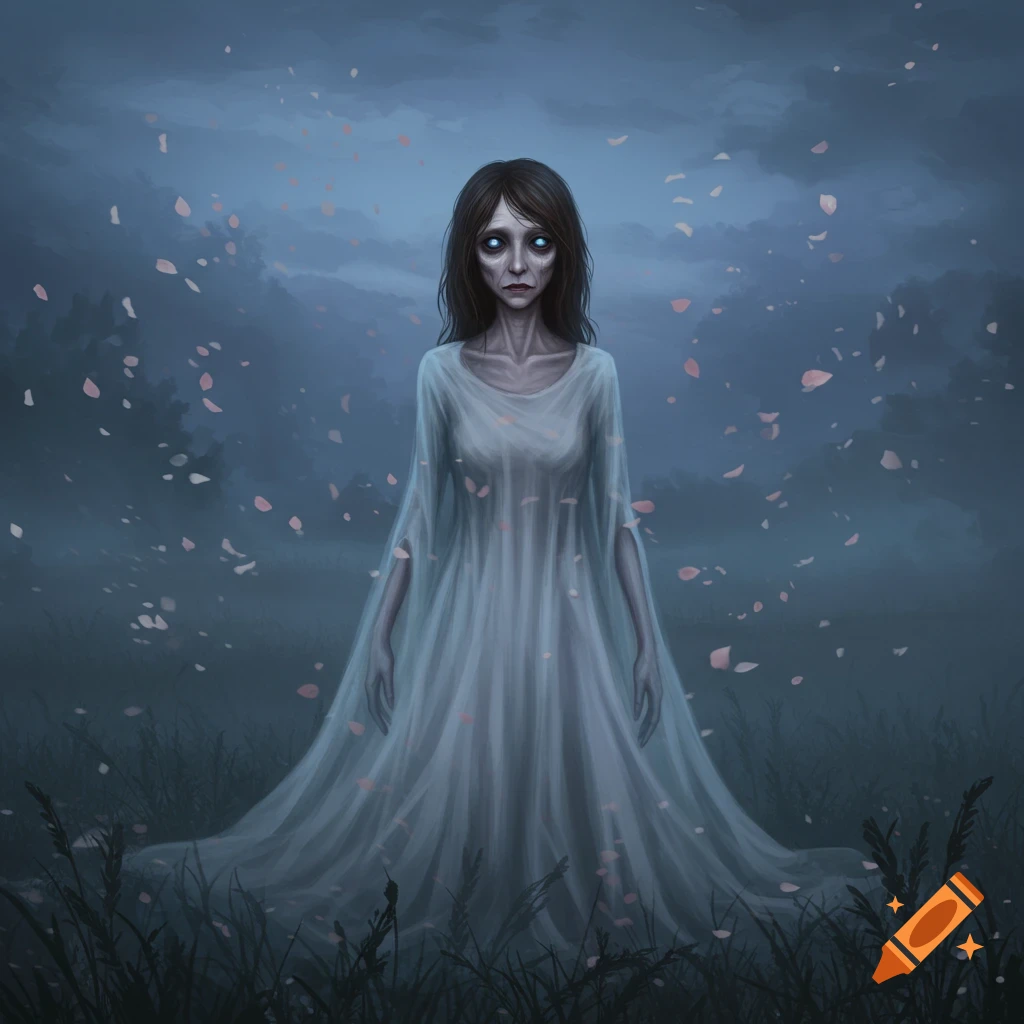 A gaunt, pale woman with glowing blue eyes and brown hair in a flowing white gown stands in a misty field, illustration.