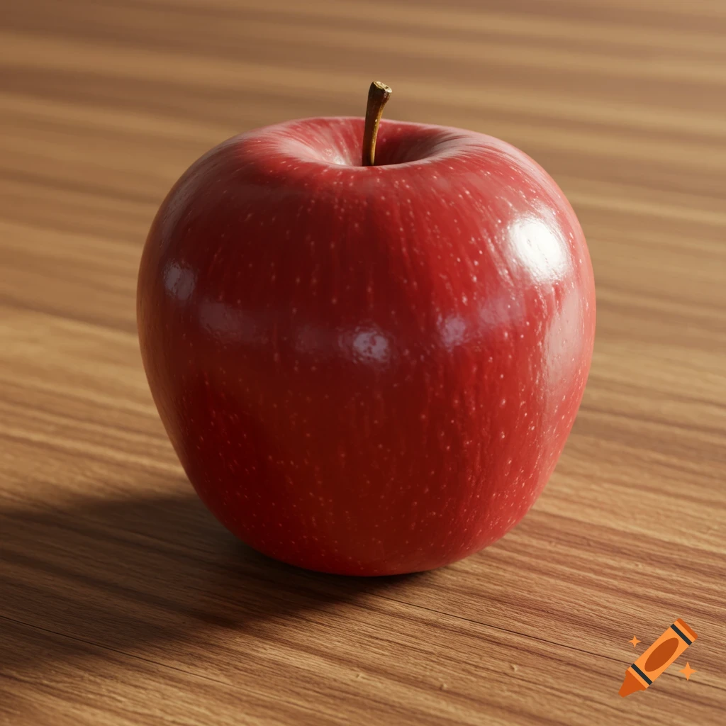 A hyper-realistic close-up of a shiny red apple resting on a warm-toned wooden table, with natural light and soft shadows.