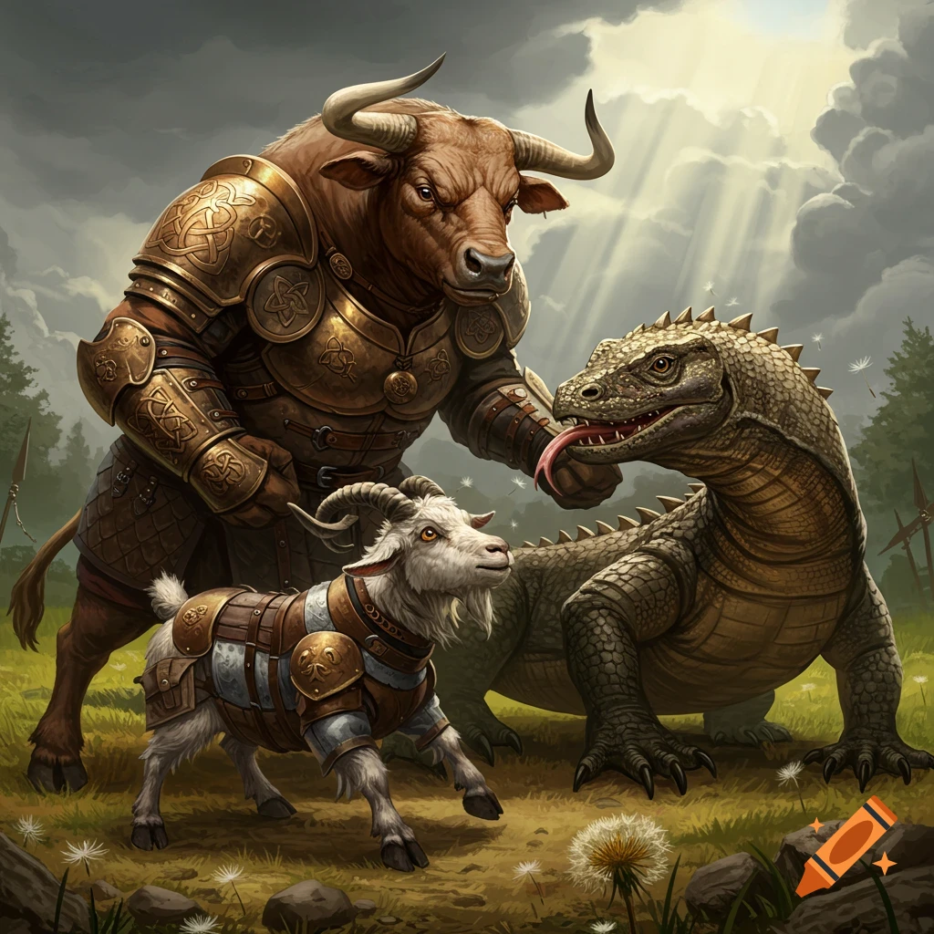 An armored minotaur-like bull stands over a komodo dragon licking its hand and an armored goat in a grassy field under a dramatic sky with sun rays.