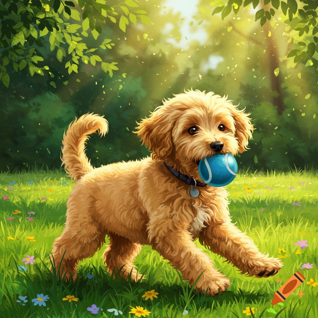 Cute golden doodle puppy with blue ball in mouth, running through sunny grassy field. Illustration.