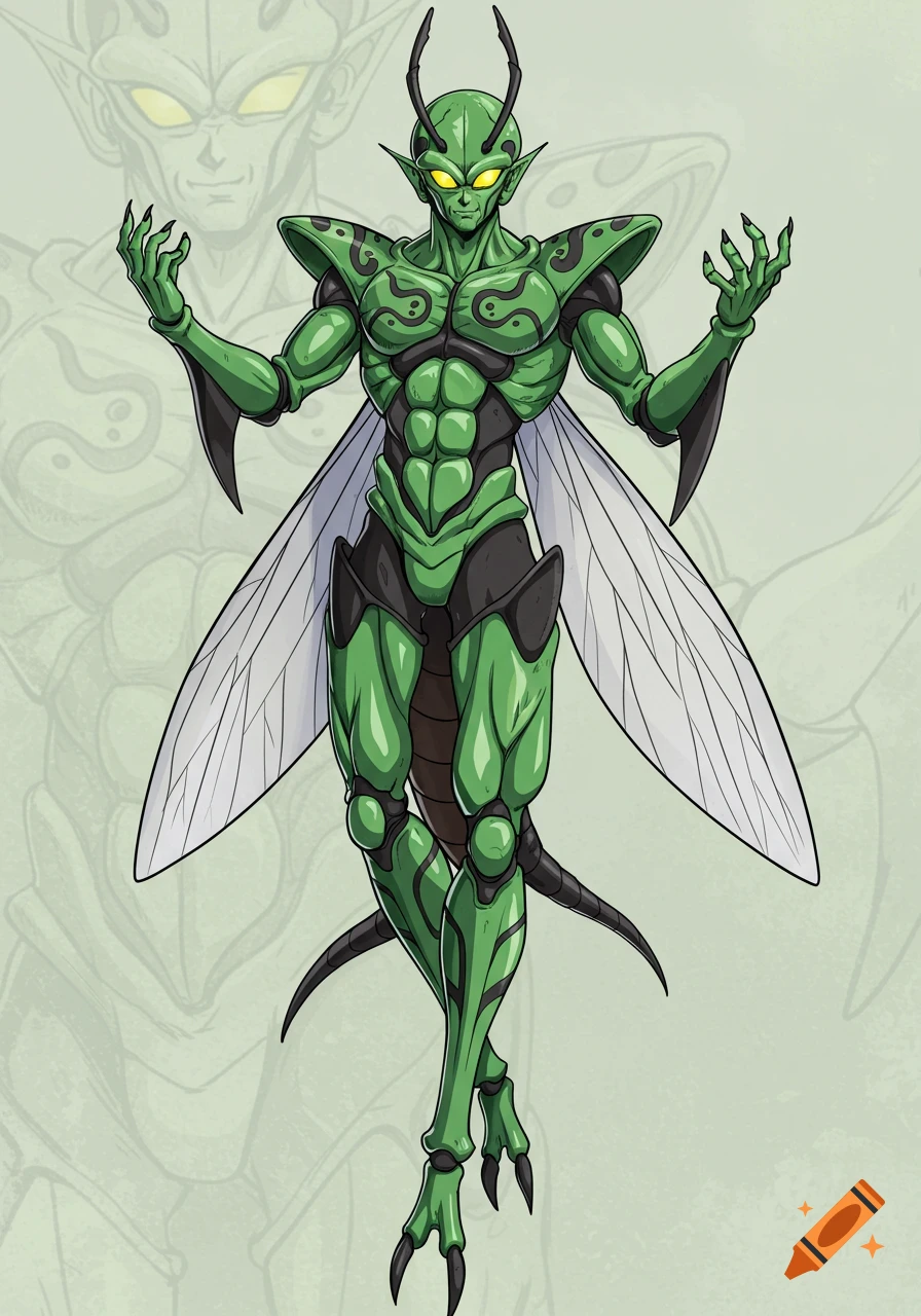 A green, muscular humanoid insectoid character with large wings, antennae,  yellow eyes, and dark accents, in a stylized anime art style. on Craiyon, image size:896x1280