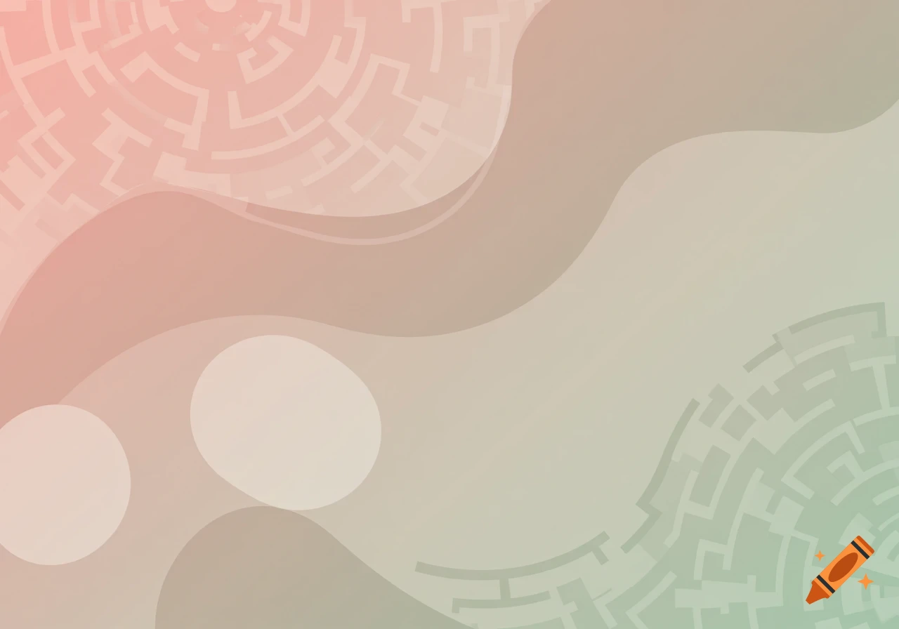 Minimalist abstract background with soft pink and green gradient, featuring faded maze patterns and white oval shapes.