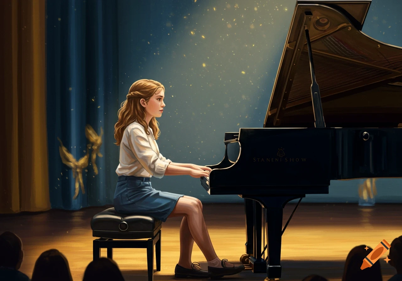 A teenage girl with brown hair plays a grand piano on a spotlighted stage in an auditorium, an illustration.