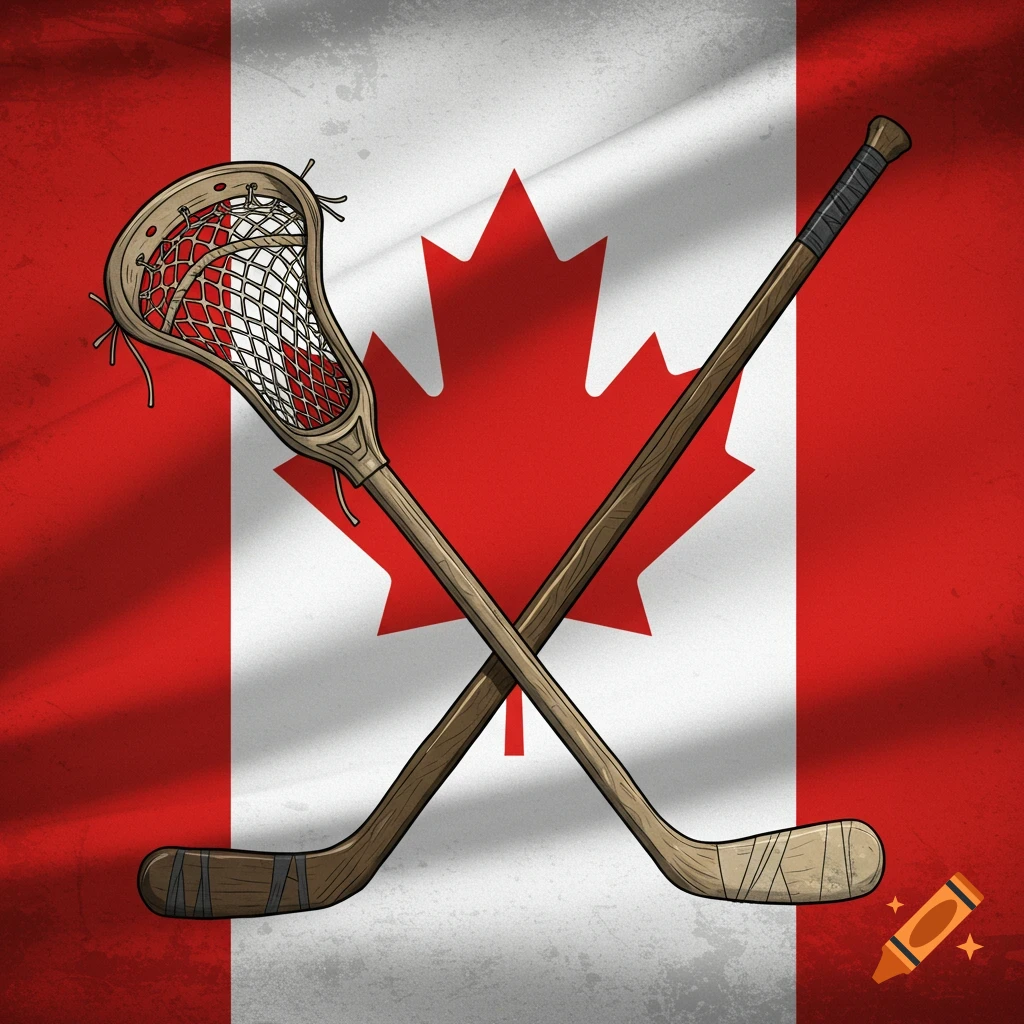 A lacrosse stick and a hockey stick crossed over a waving Canadian flag background.