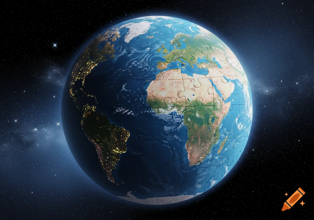 Photorealistic globe of Earth made of puzzle pieces, seen from space with visible landmasses and city lights.