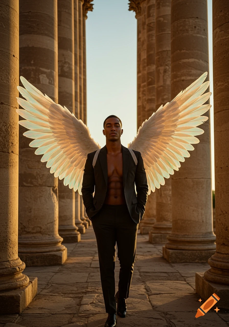 Handsome man with large white wings in an open suit jacket stands among ancient columns in a photorealistic style.