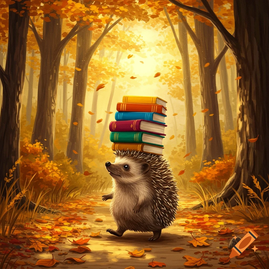 A cute hedgehog balances a stack of colorful books on its head while walking through a sunlit autumn forest.
