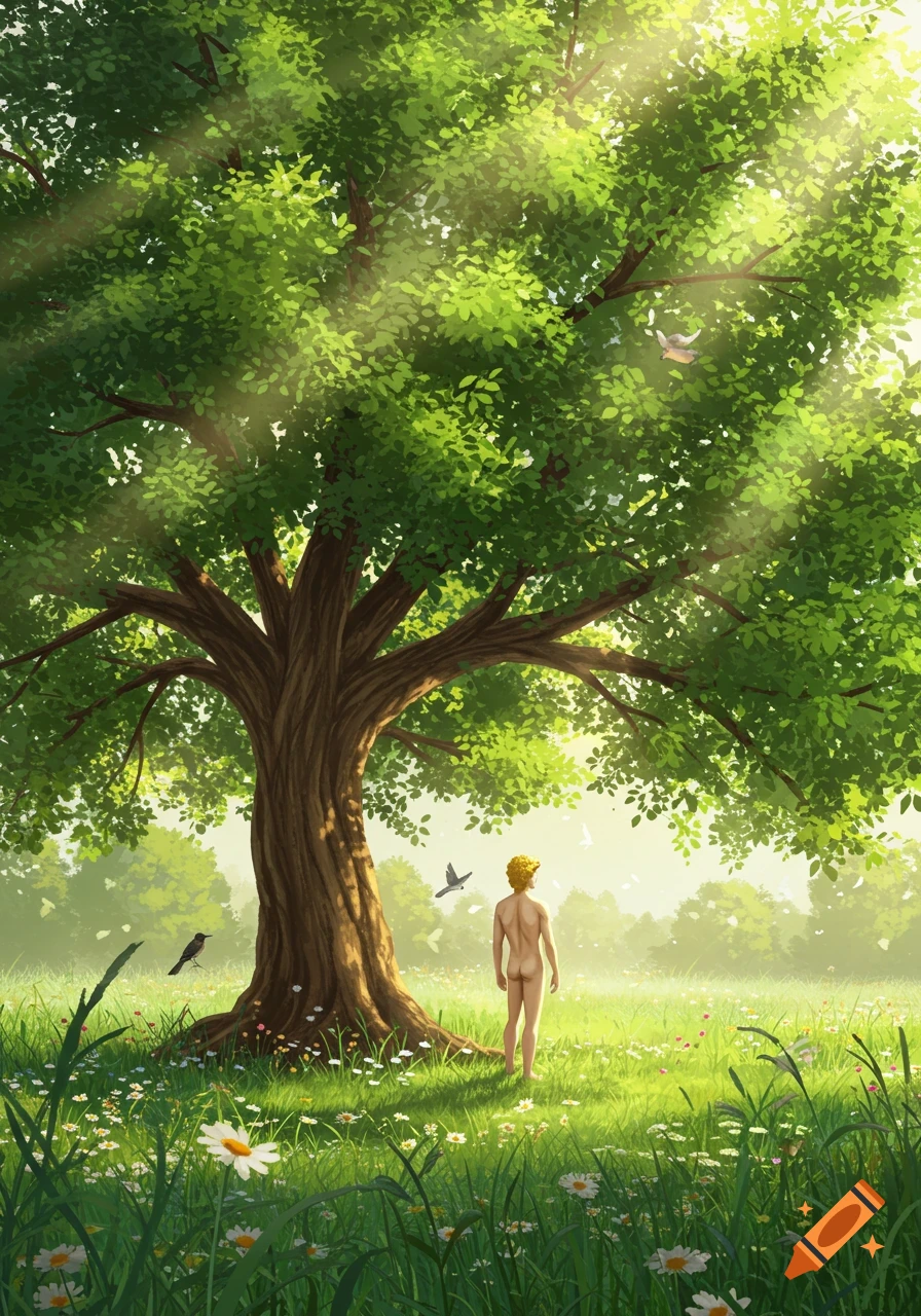 A nude man stands in a sunlit, green field with wildflowers under a large tree, with birds flying.