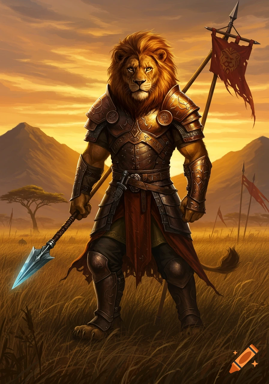 A majestic anthropomorphic lion warrior in bronze armor stands with a glowing spear in a golden savanna at sunset. Fantasy art.