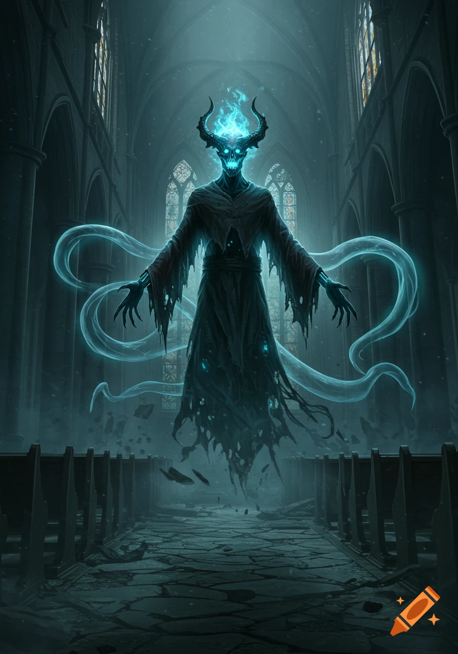 A glowing blue horned demon ghost in a tattered robe floats in a dark, gothic church. Dark fantasy art.