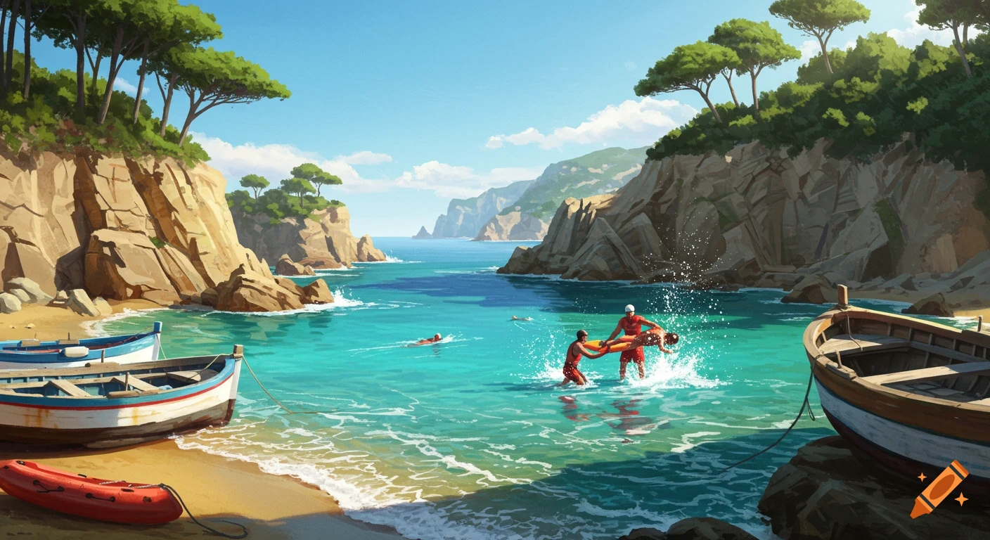 Stylized illustration of a lifeguard rescuing a swimmer in turquoise water on a rocky beach with cliffs and fishing boats.