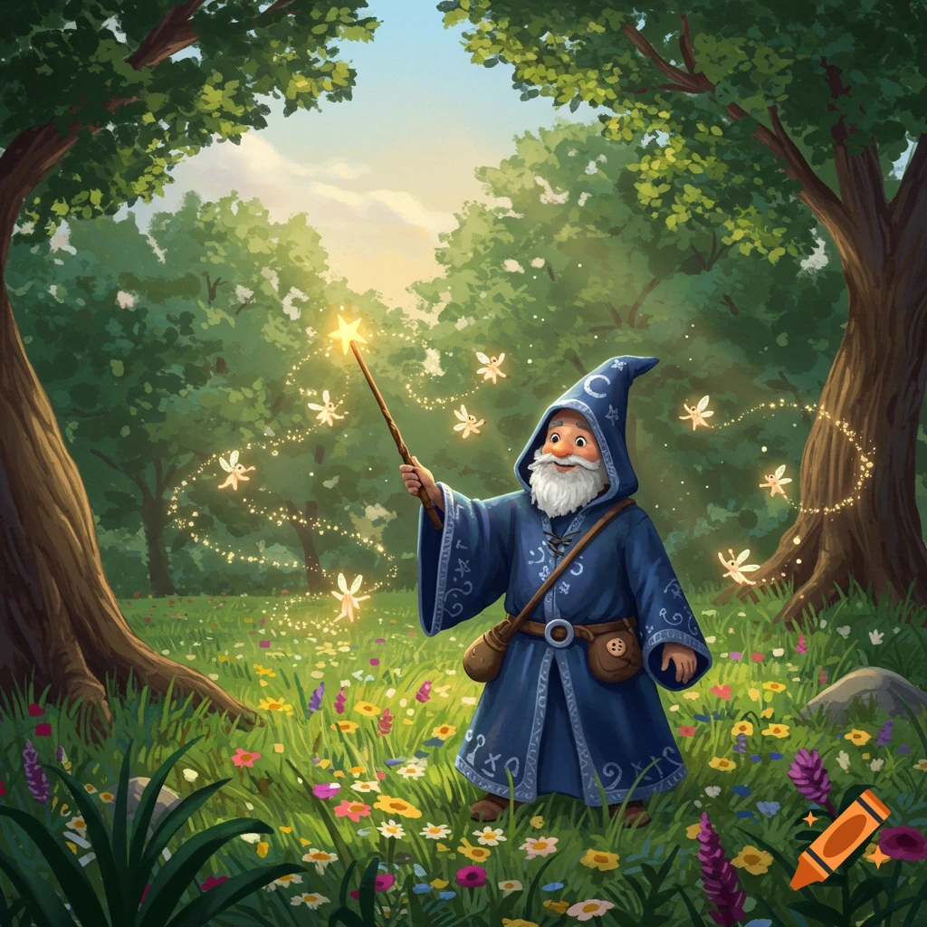 A friendly bearded wizard in a blue robe holding a glowing wand in a magical forest with fairies and wildflowers.