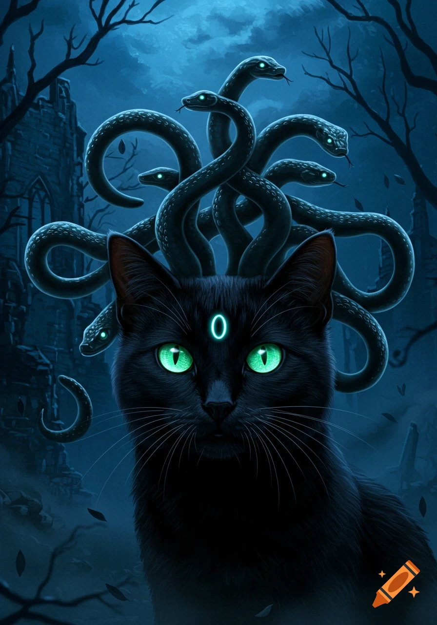 A dark fantasy illustration of a black cat with glowing green eyes, a glowing symbol on its forehead, and snakes for hair, in a gothic setting.
